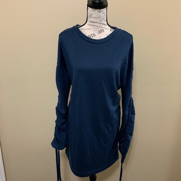 Lush Blue Ruched Drawstring Long Sleeve Mini Dress Size Large - Picture 3 of 11